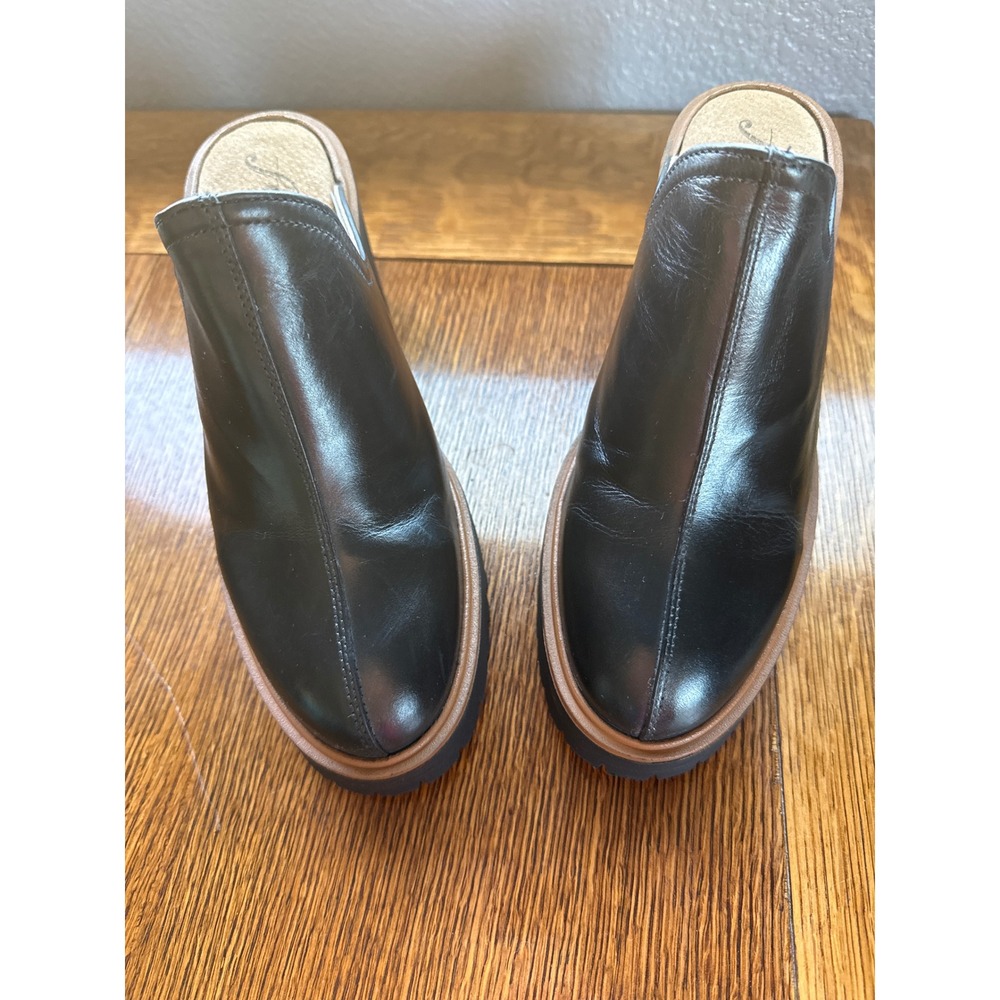 Free People Black Leather Platform Lug Sole Block Heel Mules Clogs Spain 8.5